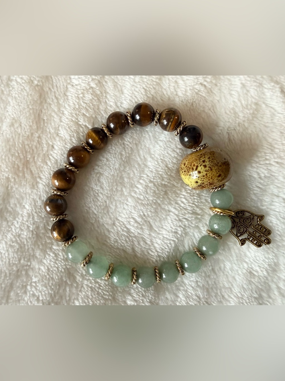 Handcrafted Tiger's Eye and Green Bead Stretch Bracelet with Hamsa hand charm